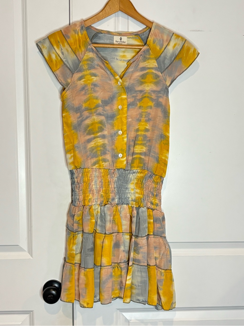 Perry Walker Jenny Flutter Shoulder Button Front Smock Waist Tie Dye Mini Dress